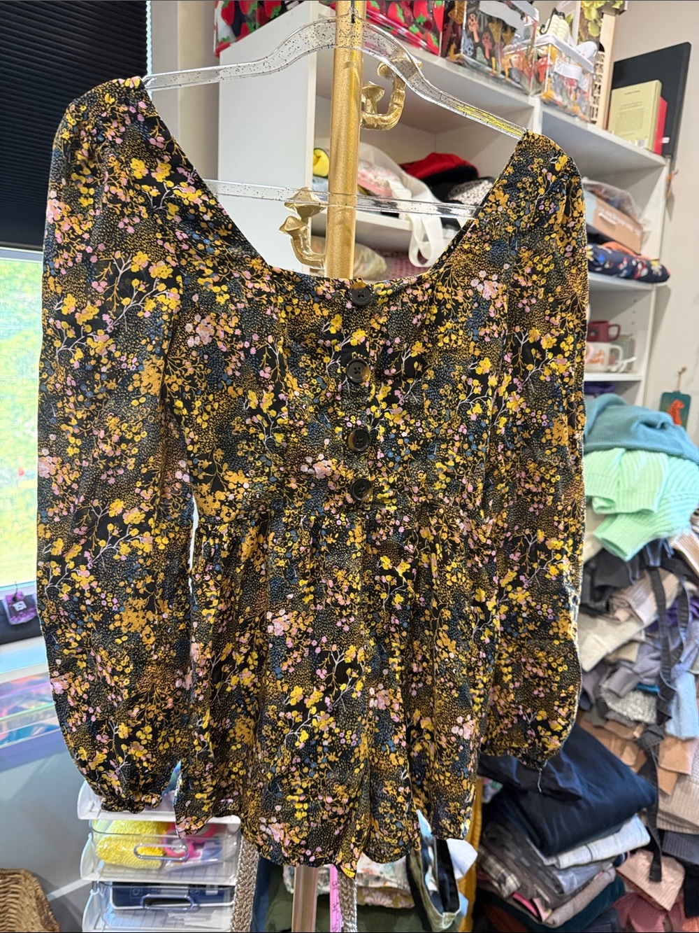 Urban Outfitters Black Floral Square-Neck Romper smocked extra small long sleeve - Picture 2 of 6